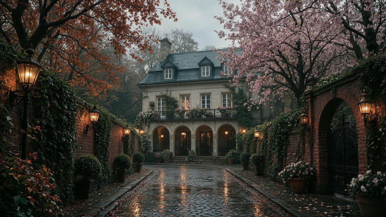 Warm lanterns in a rain-kissed courtyard beneath autumn leaves and pink blossoms