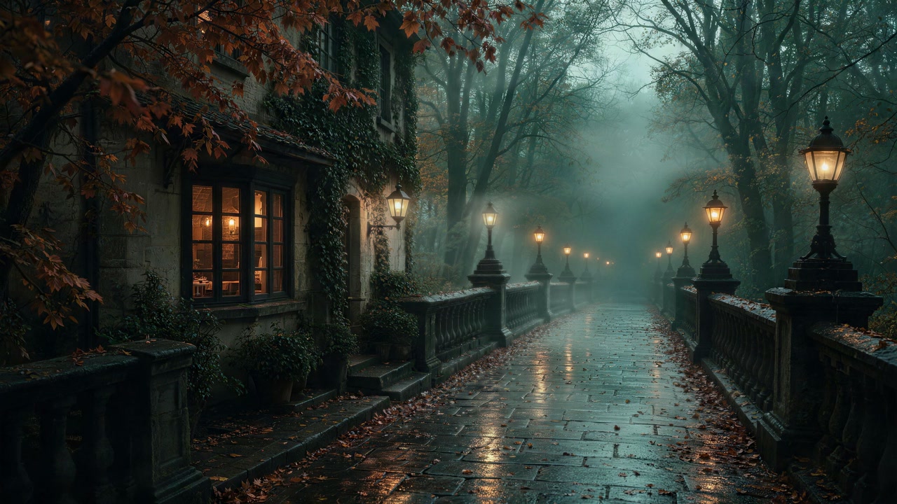 A lamplit walkway disappears into mist beside an ivy-covered home.