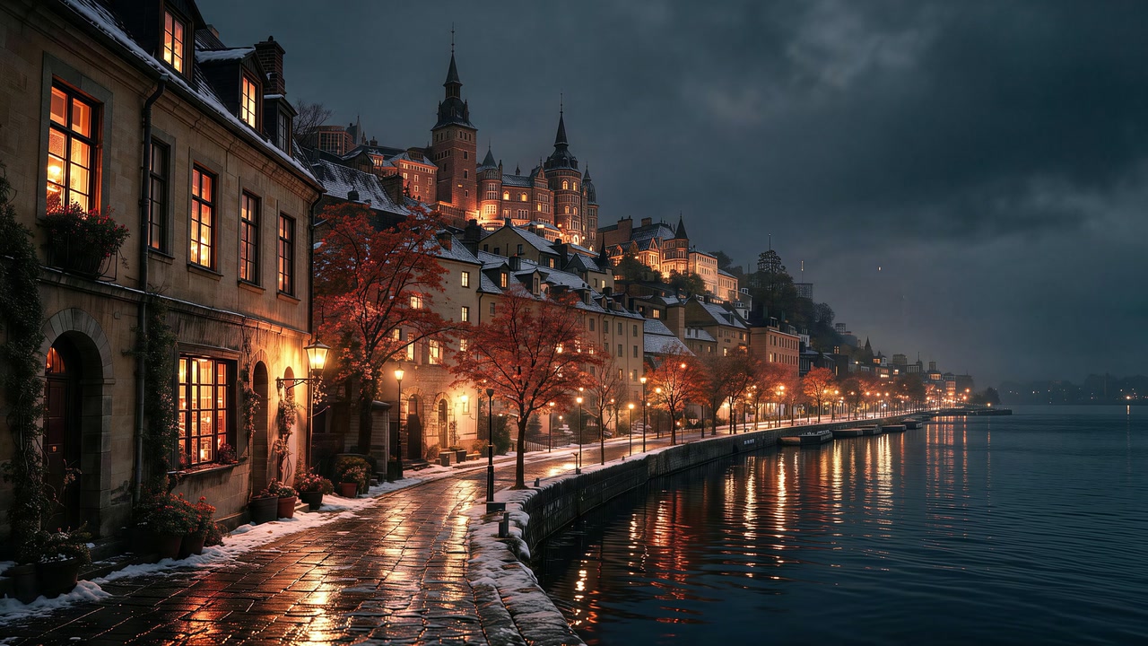 Amber windows and hilltop towers glow above a dark waterfront.