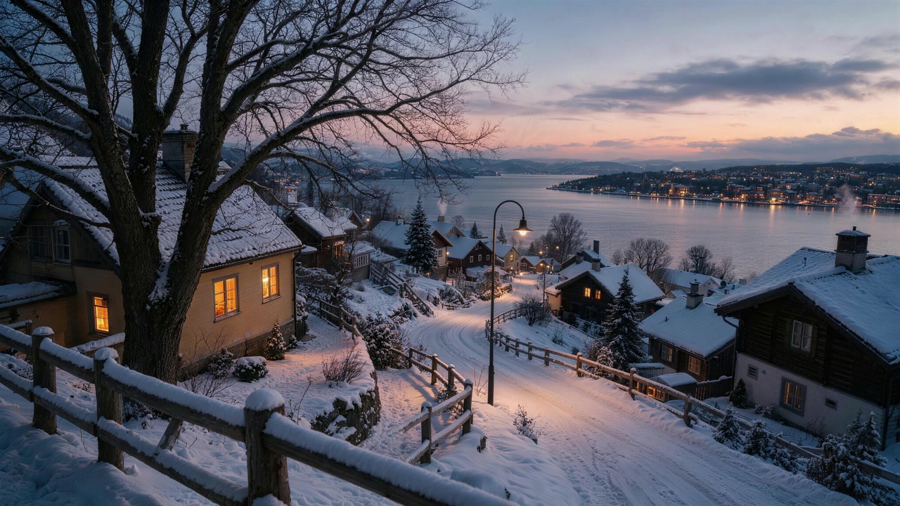 A snowy lane winds between warm cottages overlooking still water.