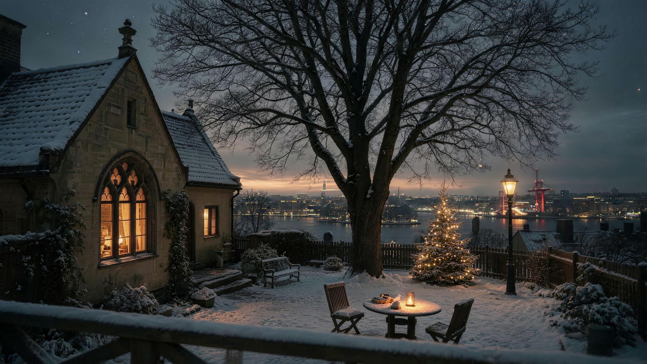 A Christmas tree glows in a snowy garden above distant city lights.