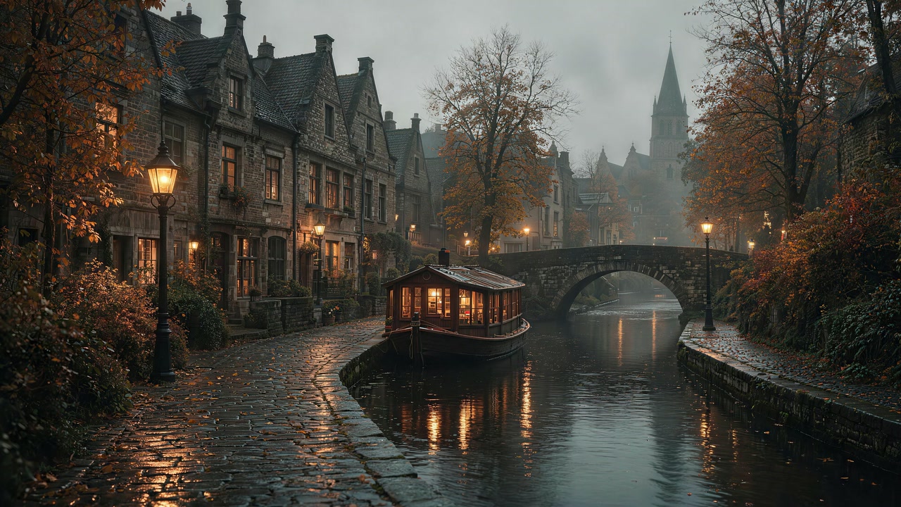 A warmly lit boat rests by a stone bridge among autumn leaves.